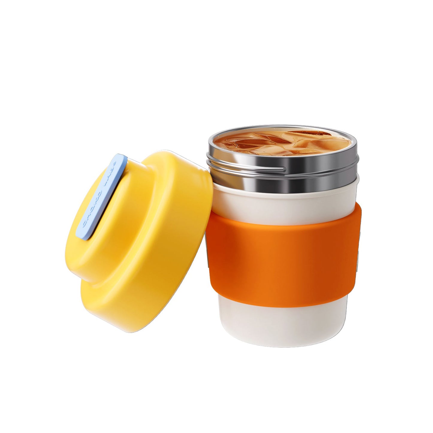 Insulated coffee cup with orange sleeve and yellow lid on a white background