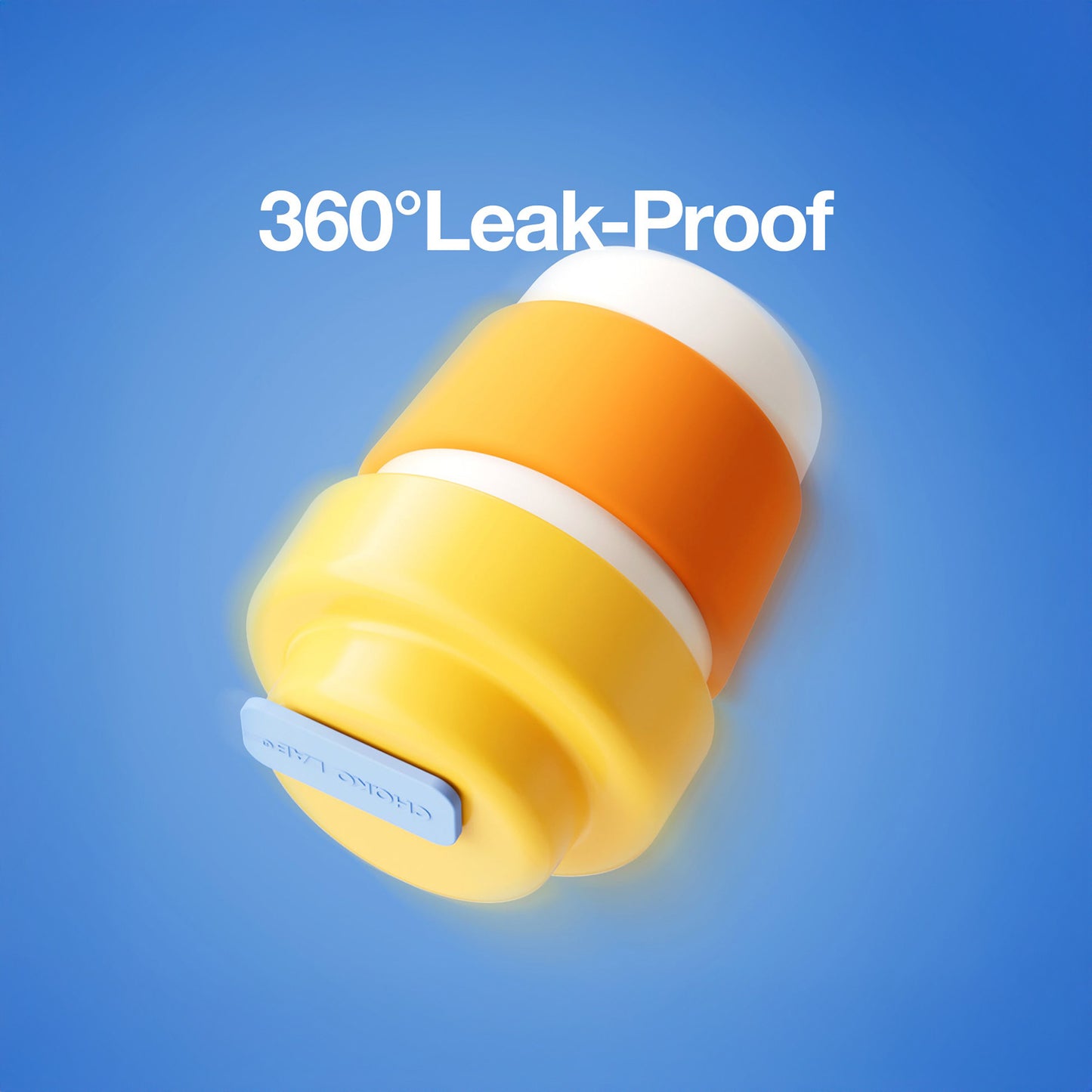 Collapsible cup with yellow and orange design on a blue background, featuring '360° Leak-Proof' text.