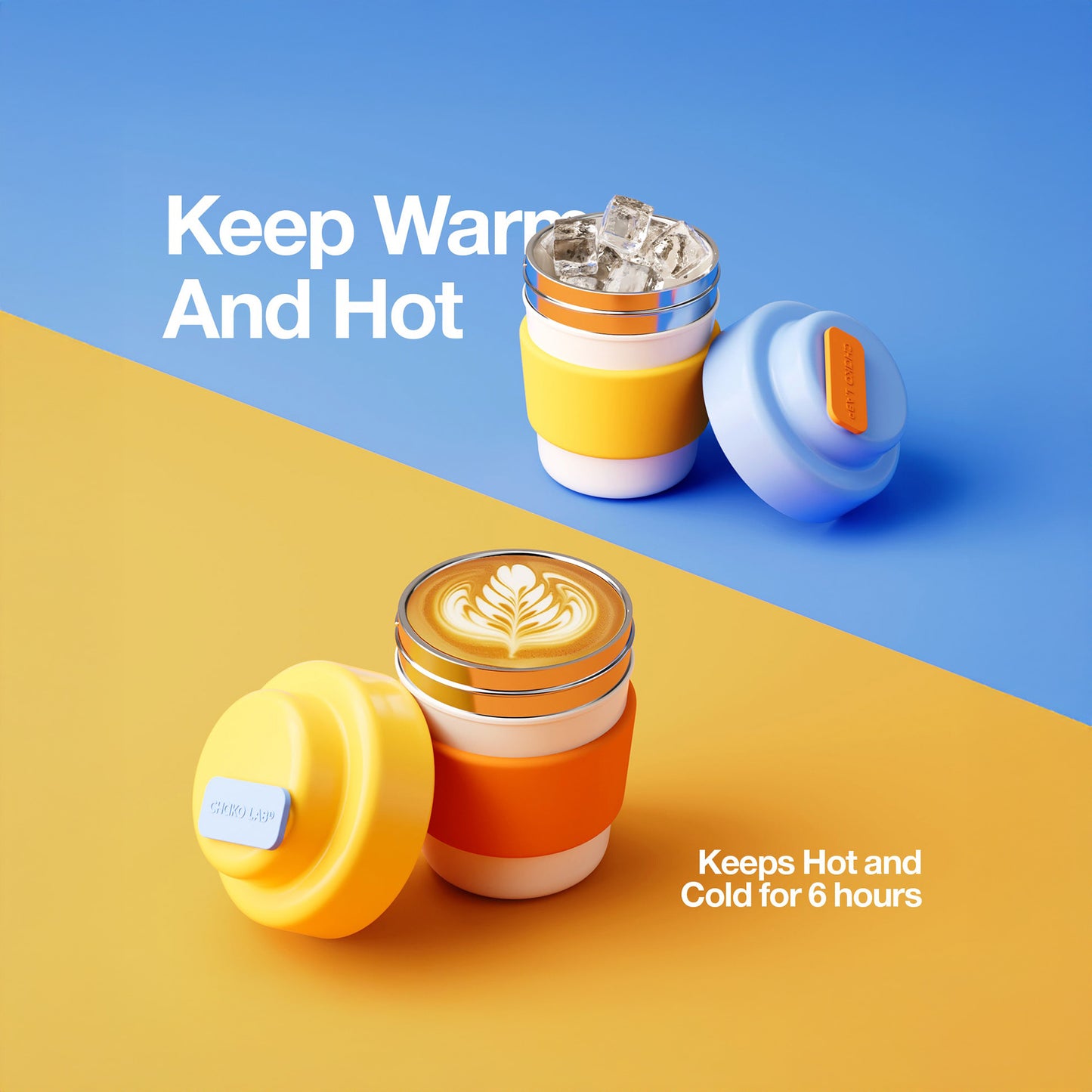 Colorful insulated mug with a lid on a blue and yellow background, featuring text about temperature retention.