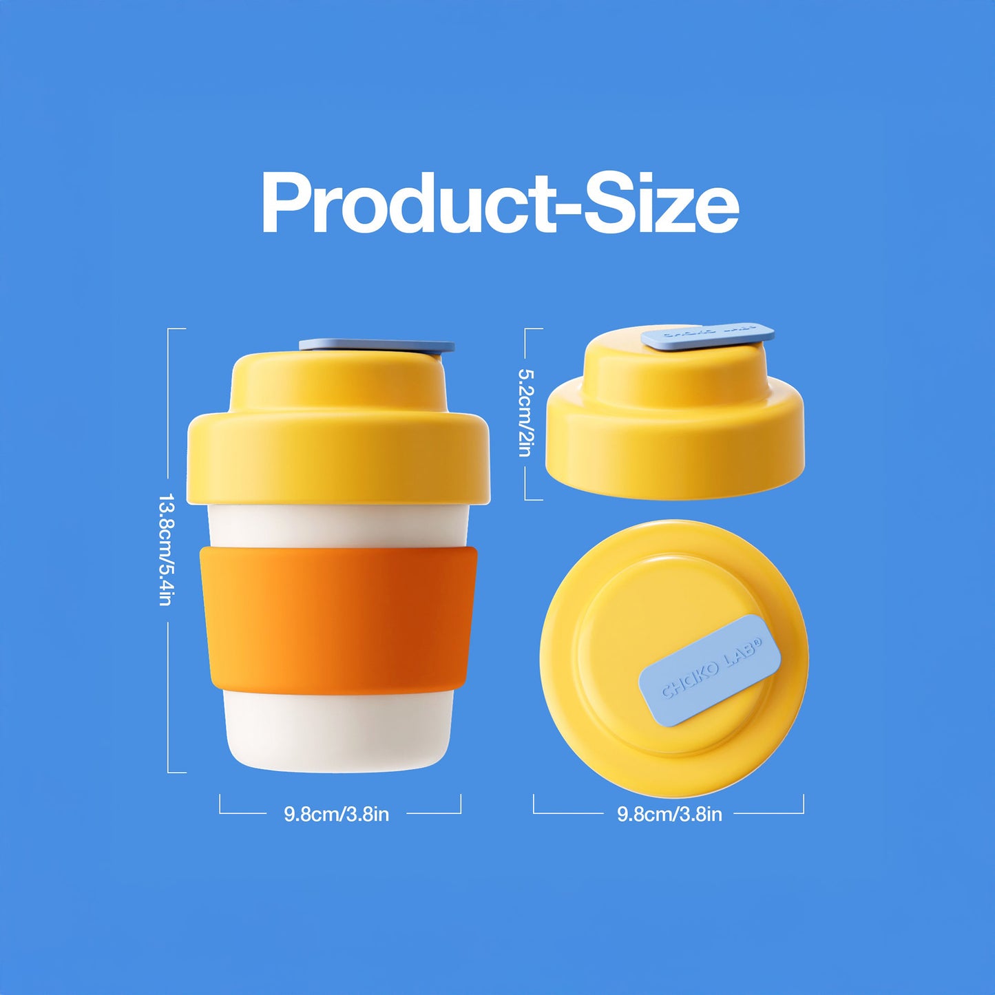 Yellow and orange portable cup with measurements on a blue background