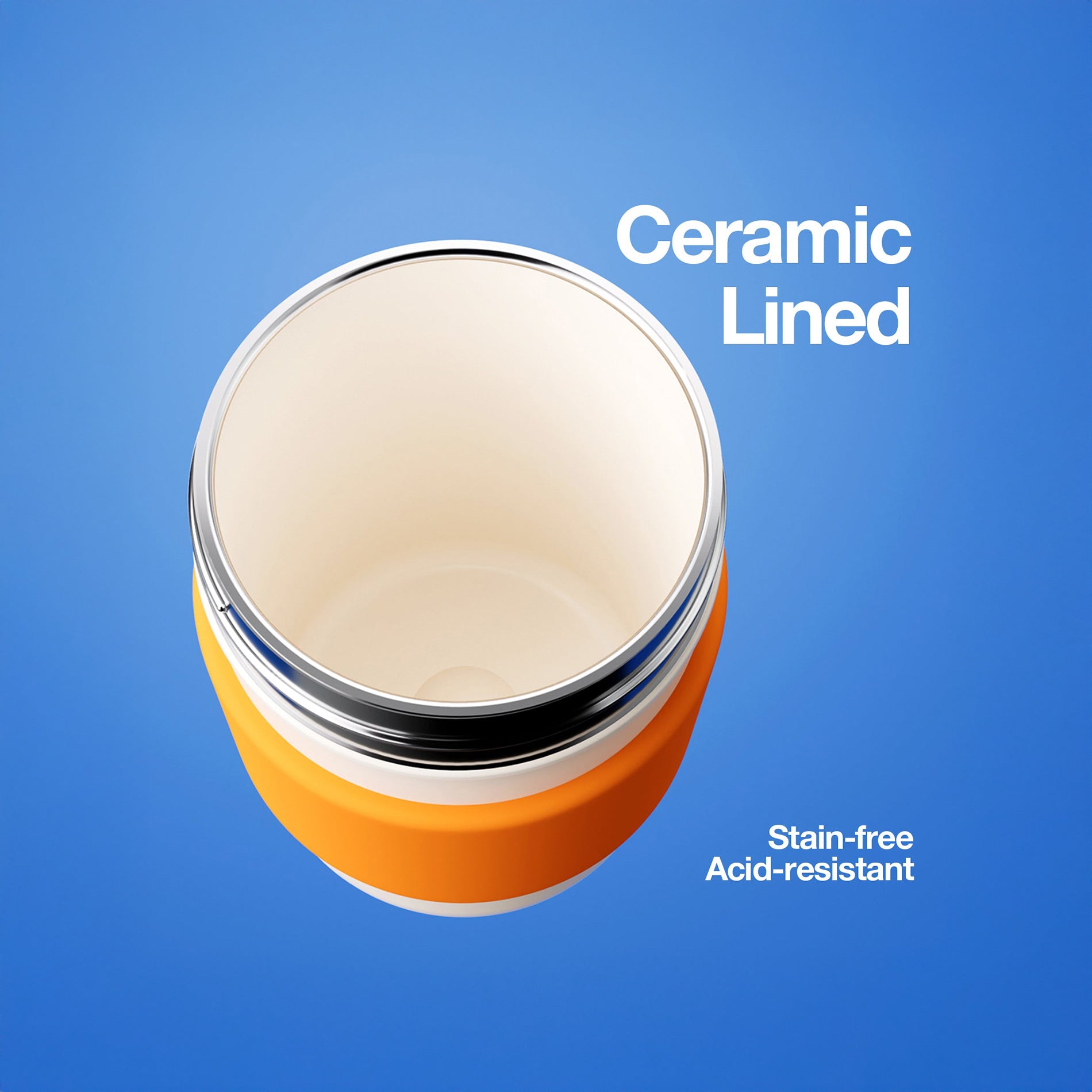 Orange ceramic-lined container with text on a blue background