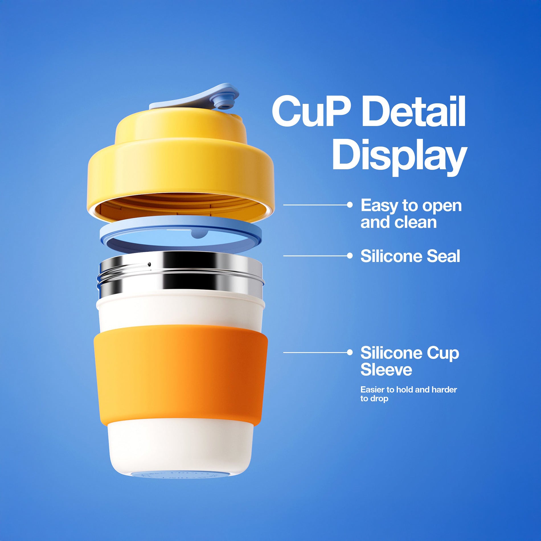 Yellow and white cup with silicone sleeve and seal on a blue background