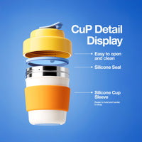 Yellow and white cup with silicone sleeve and seal on a blue background