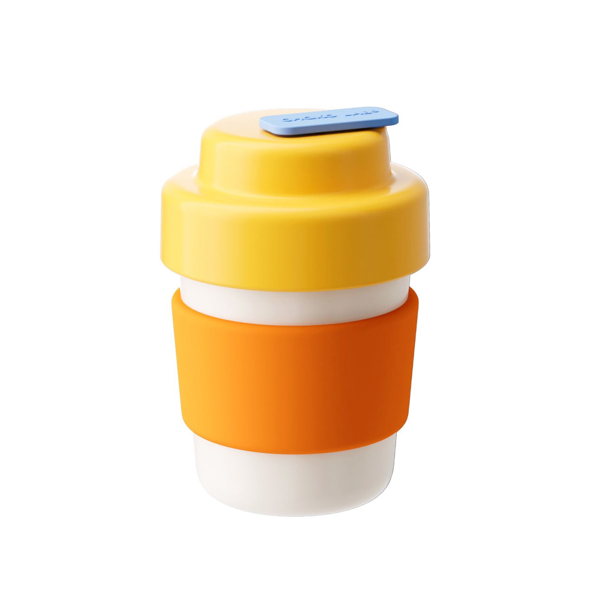 Yellow, orange, and white reusable coffee cup on a white background