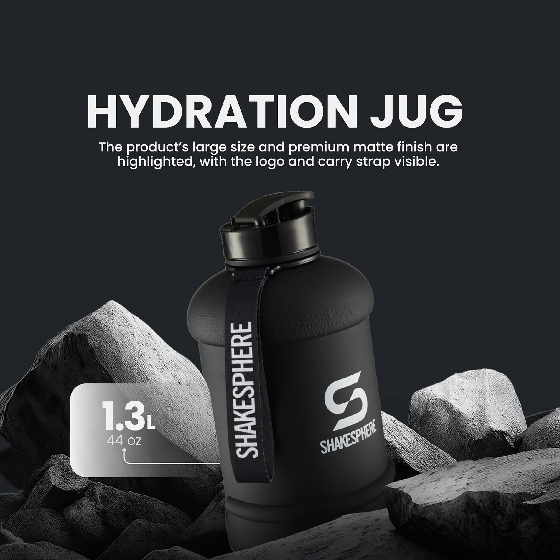 ShakeSphere Hydration Jug 1.3L (Matte Black / White Logo)