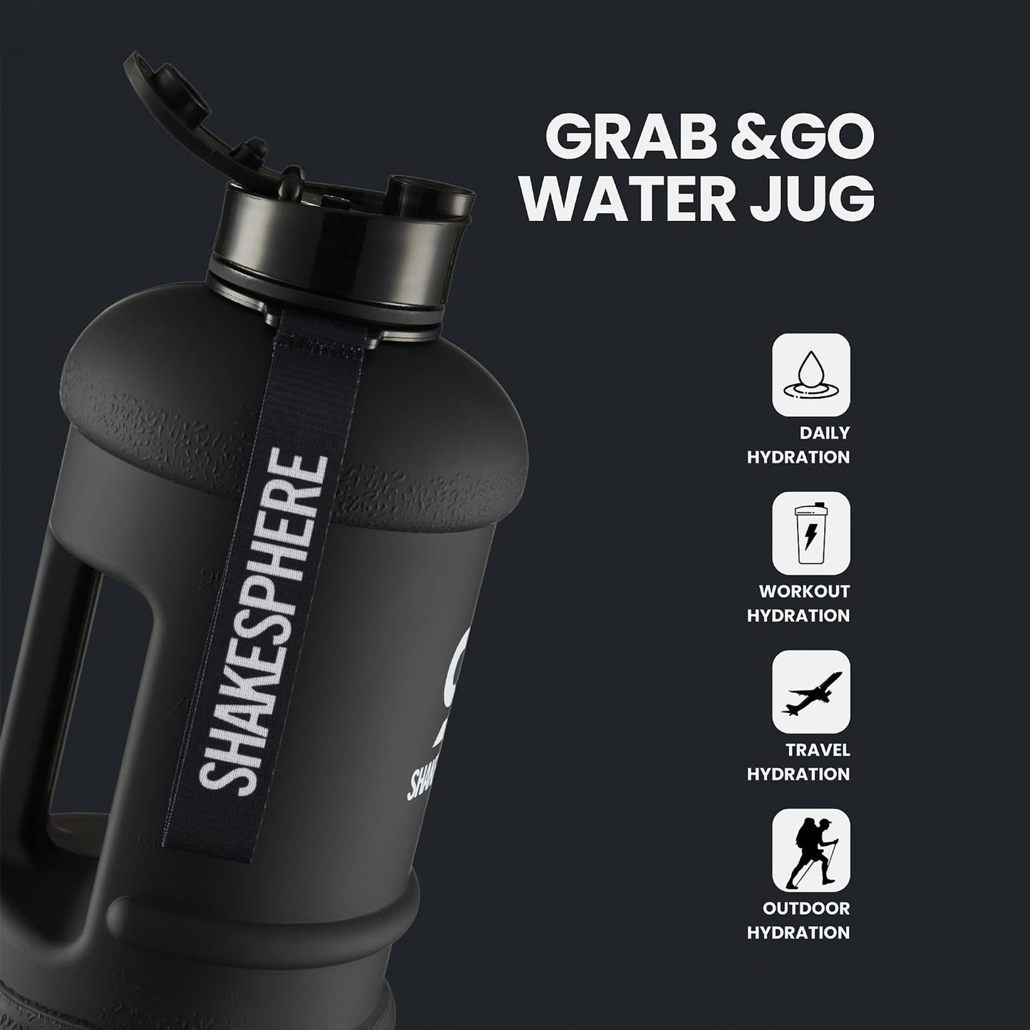ShakeSphere Hydration Jug 1.3L (Matte Black / White Logo)