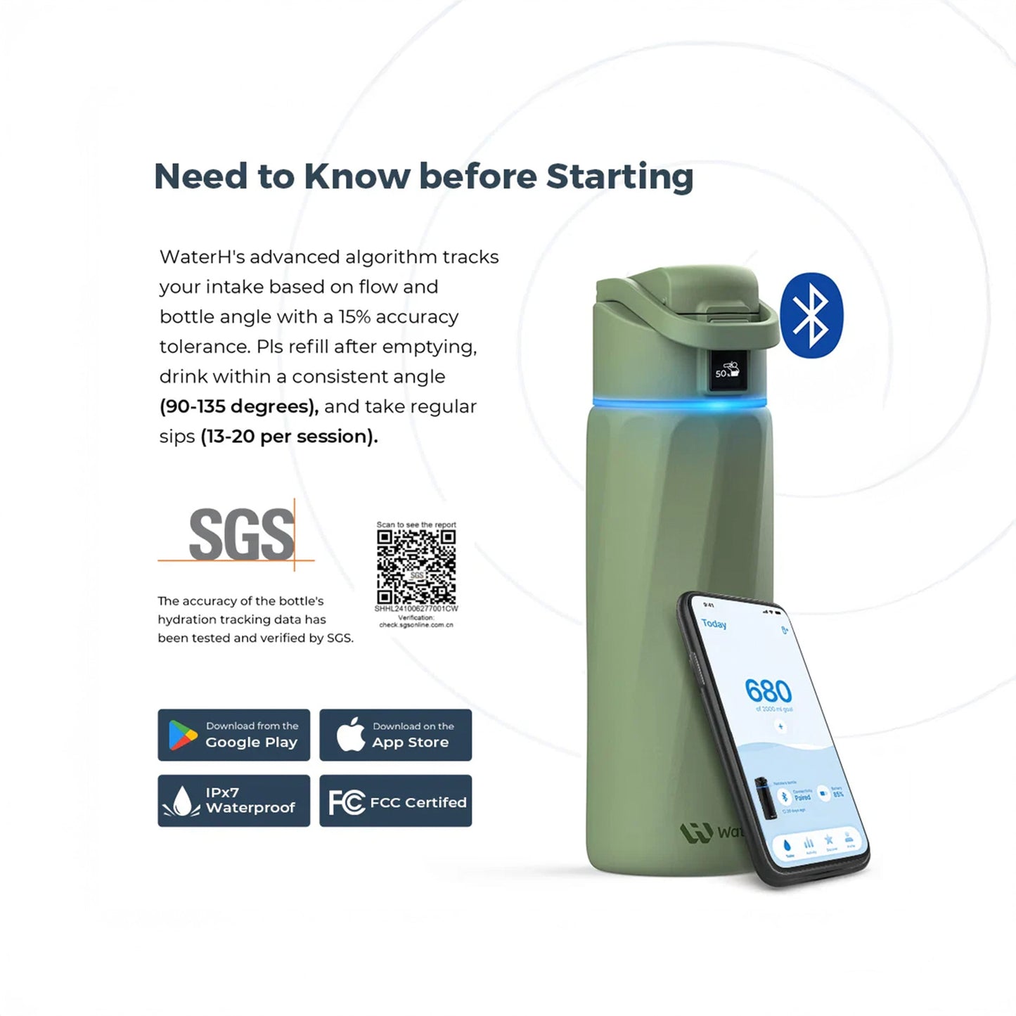 WaterH BOOST Smart Water Bottle (Green 24oz)